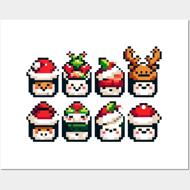 Festive 8-Bit Christmas Sushi Rolls Wall Art by Pixel Punkster